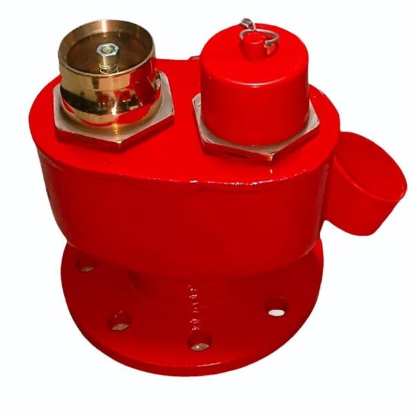 Swastik 2-Way Inlet Breeching, Cast Iron body having 2 Gun Metal, 63mm Male Instantaneous inlets, fitted with Non-return valves, complete with Gun Metal drain valves, 2 Rubber blank caps and Chain.