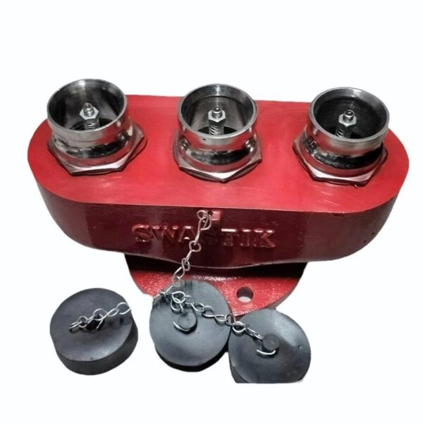 Swastik 3-Way Inlet Breeching , Cast Iron body having 3 Gun Metal, 63mm Male Instantaneous inlets, fitted with Non-Return valves, complete with Gun Metal Drain valves, 3 rubber blank caps and chain