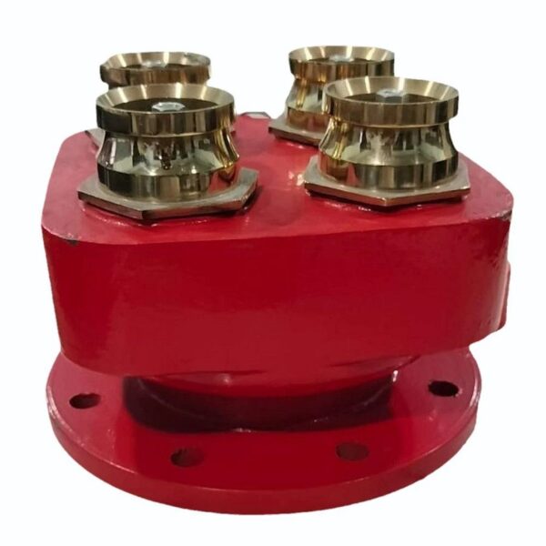 Swastik 4-Way Inlet Breeching , Cast Iron body  having 4 Gun Metal, 63mm Male Instantaneous inlets, fitted with Non-Return valves, complete with Gun Metal Drain valves, 4 rubber blank caps and chain