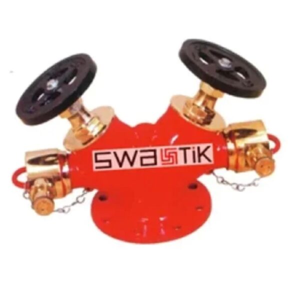 Swastik Gun Metal Double Outlet Landing Valve (Hydrant Valve) having size of 63mm dia Type-B with 2 Nos Cast Iron Hand Wheel, 2Nos Female Instantaneous Outlet, 2Nos ABS Blank Cap and Chain