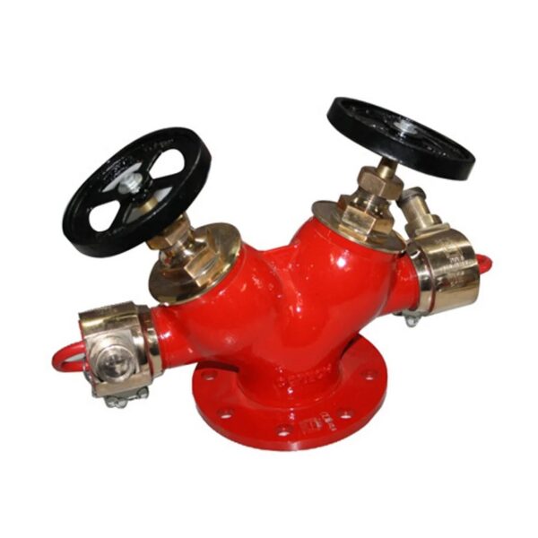 Swastik Stainless Steel Double Outlet Landing Valve (Hydrant Valve) having size of 63mm dia Type-B with 2 Nos Cast Iron Hand Wheel, 2Nos Female
Instantaneous Outlet, 2Nos ABS Blank Cap and Chain