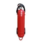 Trolley-mounted 50kg Swastik DCP ABC MAP 90 type fire extinguisher, designed for industrial use, with large discharge hose and sturdy wheels.
