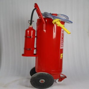 Swastik 45-liter trolley-type fire extinguisher combining foam and CO2 technology, ideal for tackling flammable liquid fires, with dual hose attachments.