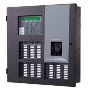 Photograph of the IFP-2100HVB Intelligent Fire Alarm Control Panel, featuring an expandable SLC circuit and network support for up to 32 sites.