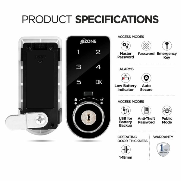 Ozone 301 Vertical Smart Furniture Lock with Password & Key Access, For Wooden/ Metal Cabinets & Wardrobes