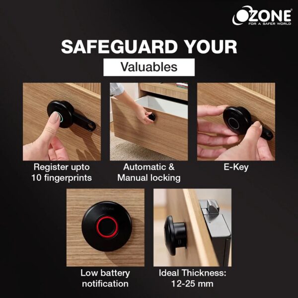 Ozone 55-F Smart Furniture Lock with Fingerprint Access for Wooden Cabinets, Wardrobes & Drawers-Black