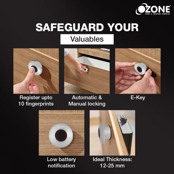 Ozone 55-F Smart Furniture Lock with Fingerprint Access for Wooden Cabinets, Wardrobes & Drawers - Silver