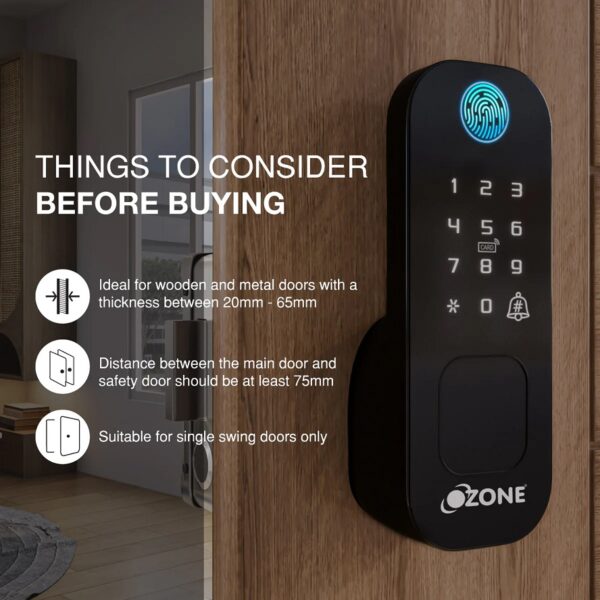 Ozone Double-sided Fingerprint Rim Lock with 4-way access, Door Thickness: 20-65 mm For Wooden Doors / Metal Doors