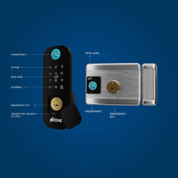 Ozone Double-sided Fingerprint Rim Lock with 4-way access, Door Thickness: 20-65 mm For Wooden Doors / Metal Doors