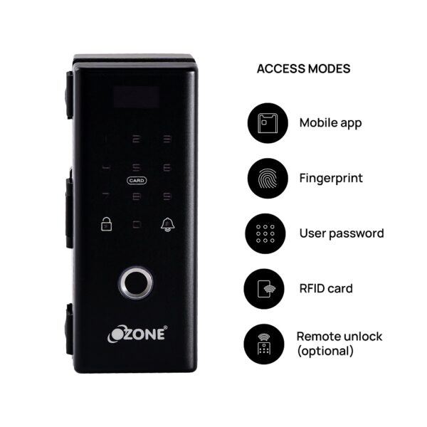 Ozone Wi-Fi Glass Door Lock with 3-Way Access, Door Thickness: 10-12 mm (Glass-to-Wall)