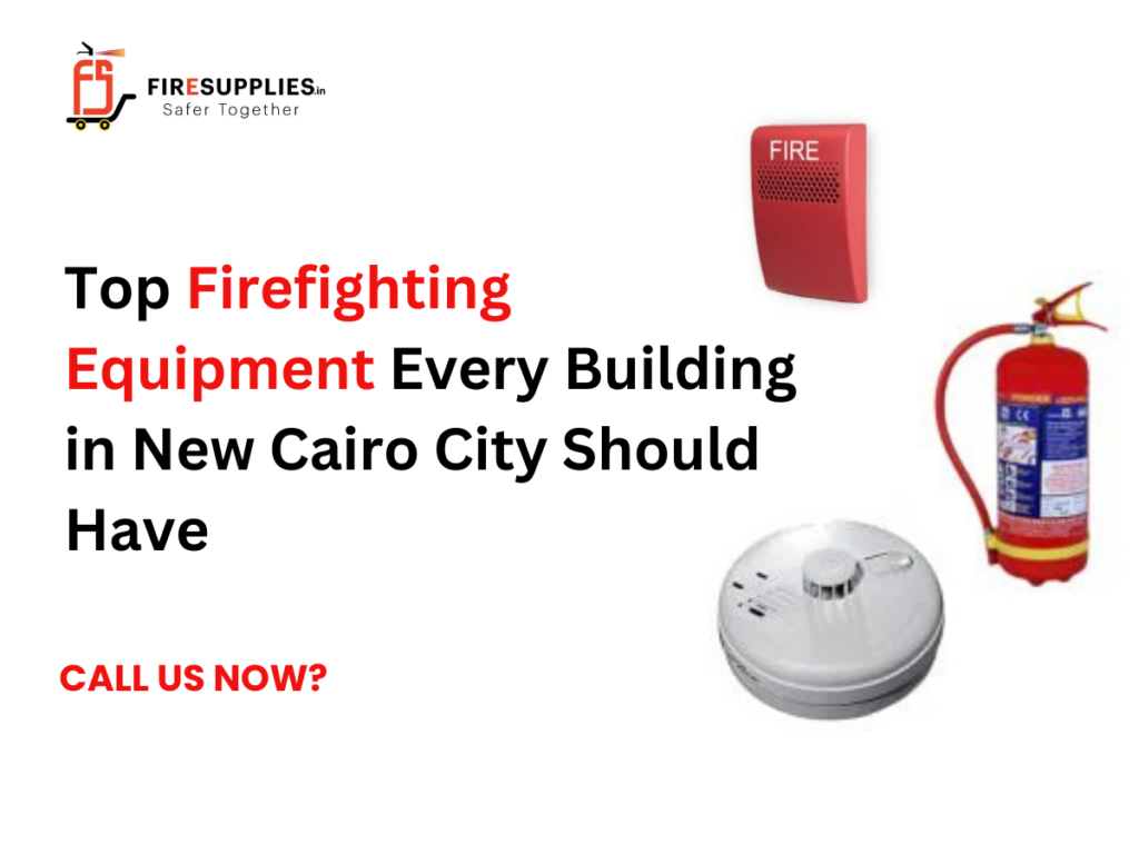 Firefighting equipment like fire extinguisher, fire hose reel, and alarm system for building fire safety in New Cairo City