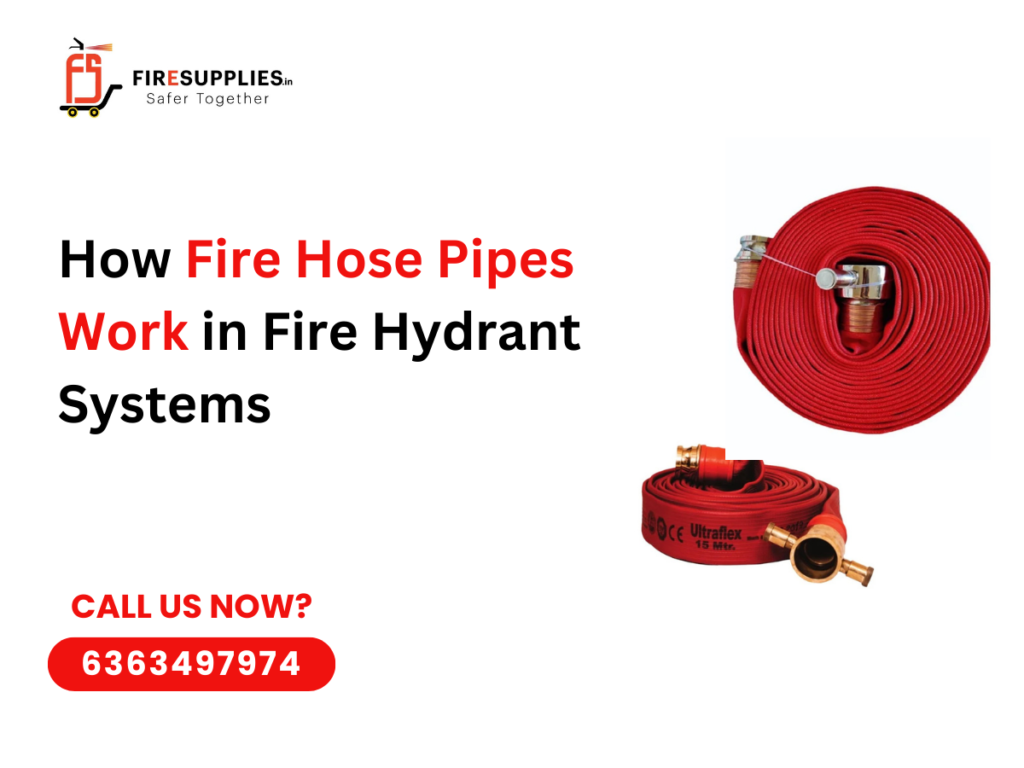 Fire hose pipes connected to fire hydrant system showing water flow and firefighting equipment in use