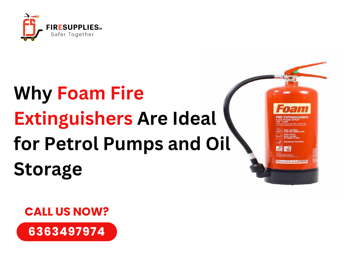 Foam fire extinguisher used for petrol pumps and oil storage fire safety to control flammable liquid fires effectively