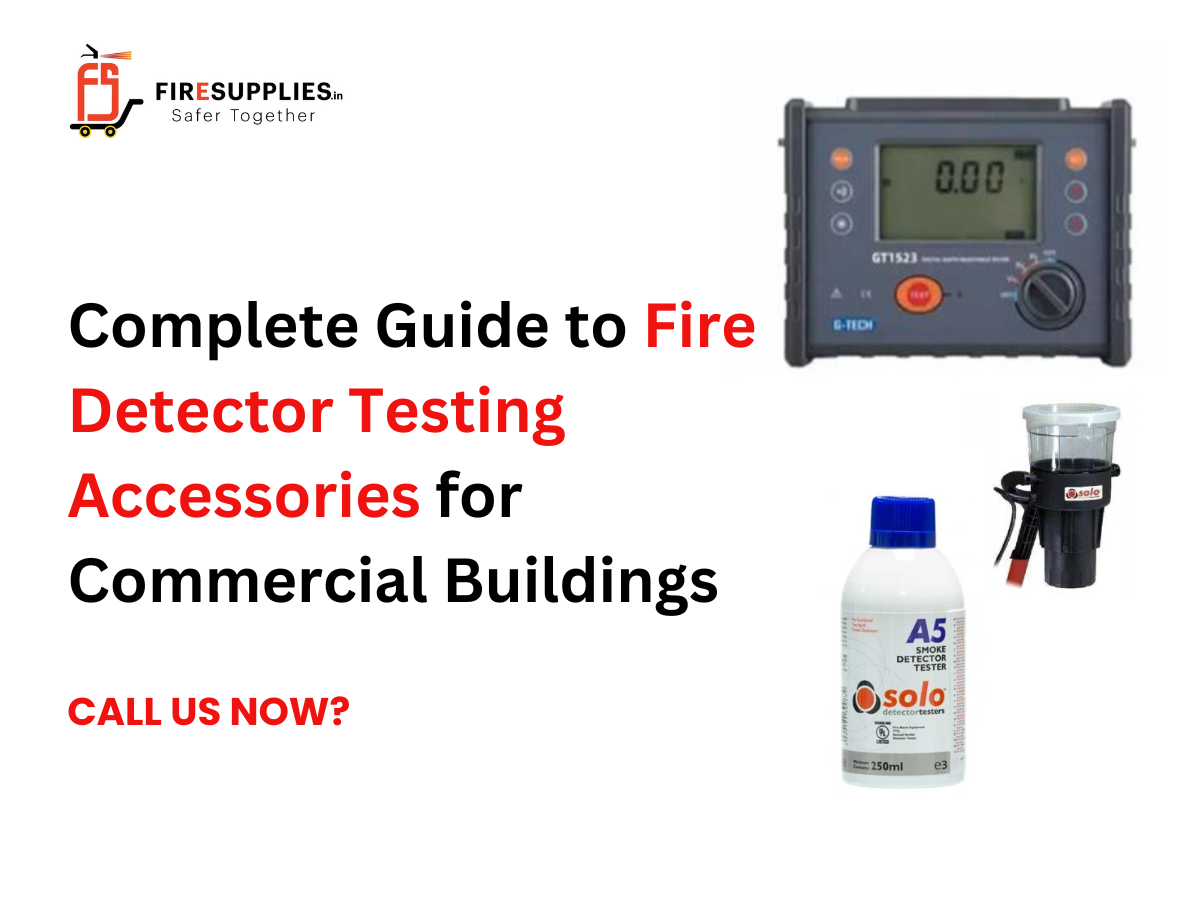 Fire detector testing accessories for commercial buildings including smoke detector tester spray, extension pole, and removal tool