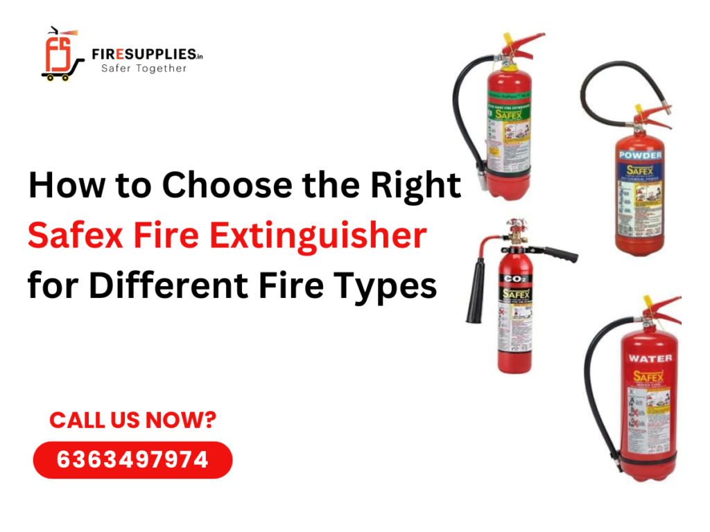 Safex fire extinguishers for Class A, B, C, electrical, and kitchen fires displayed with labels showing how to choose the right extinguisher for different fire types.