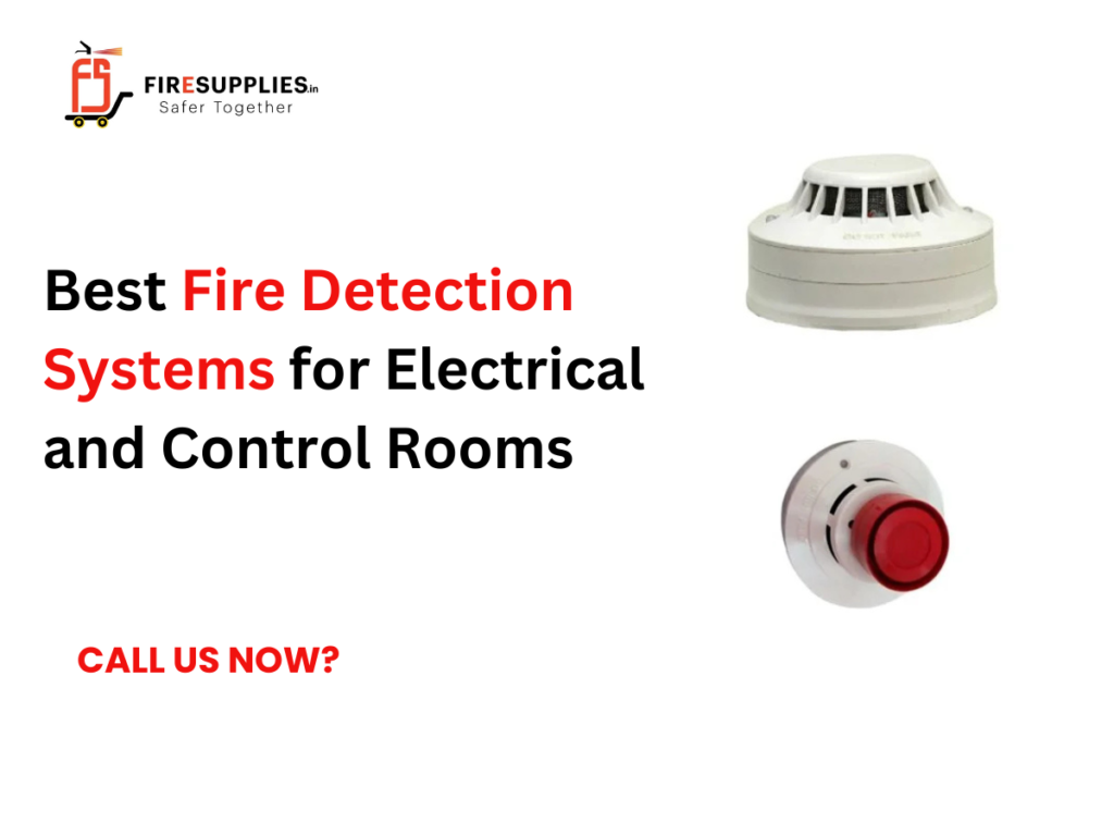 Fire detection systems installed in an electrical and control room, featuring smoke detectors, heat detectors, fire alarm panels, and clean agent fire suppression systems for industrial fire safety.