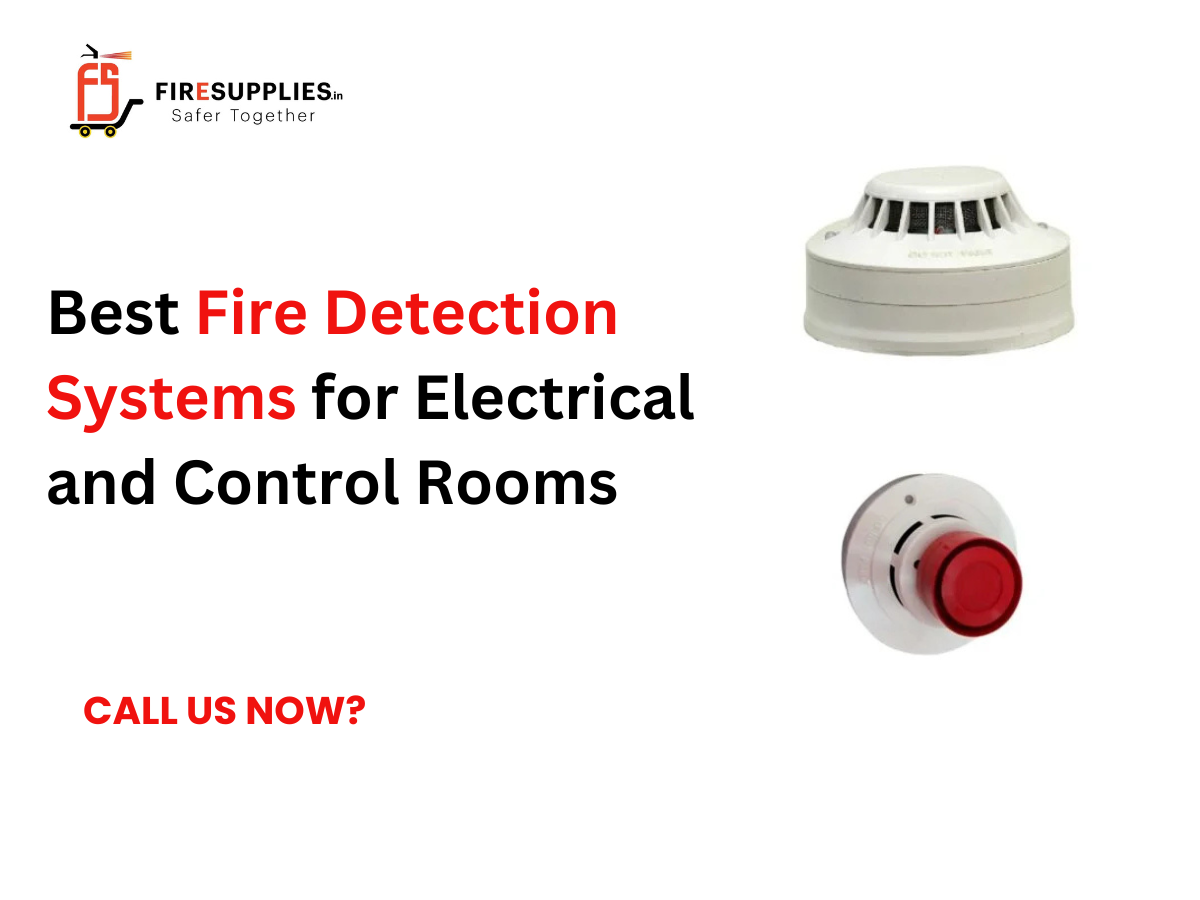 Fire detection systems installed in an electrical and control room, featuring smoke detectors, heat detectors, fire alarm panels, and clean agent fire suppression systems for industrial fire safety.
