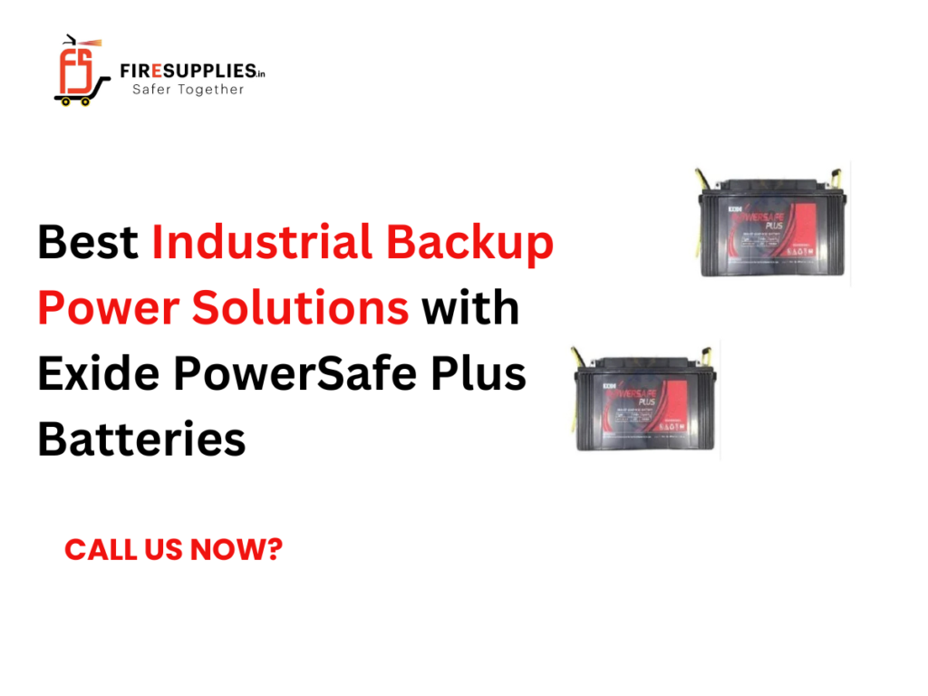 Exide PowerSafe Plus industrial backup batteries installed in a server room rack, providing reliable backup power solutions for industrial and fire safety systems.