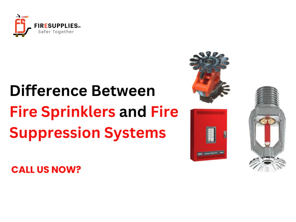 Difference between fire sprinklers and fire suppression systems illustrated with a ceiling fire sprinkler releasing water on one side and a clean agent fire suppression system protecting electronic equipment on the other.
