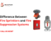 Difference between fire sprinklers and fire suppression systems illustrated with a ceiling fire sprinkler releasing water on one side and a clean agent fire suppression system protecting electronic equipment on the other.
