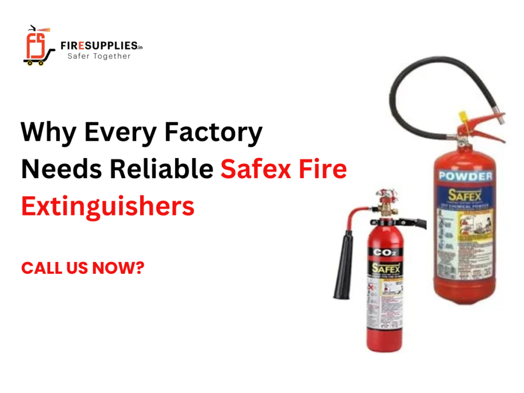 Factory worker inspecting Safex fire extinguishers installed in an industrial facility for workplace fire safety and emergency preparedness.
