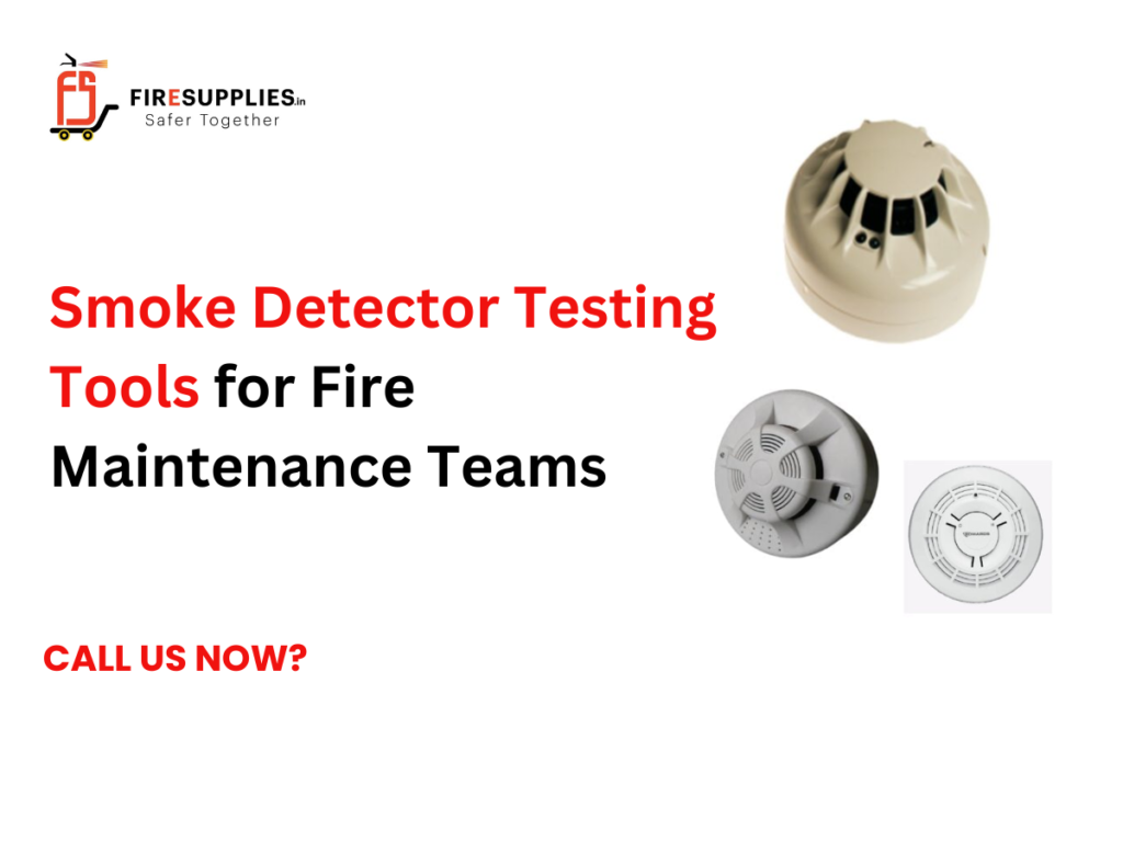 Fire maintenance technician using smoke detector testing tools to inspect and test smoke detectors during routine fire alarm system maintenance.