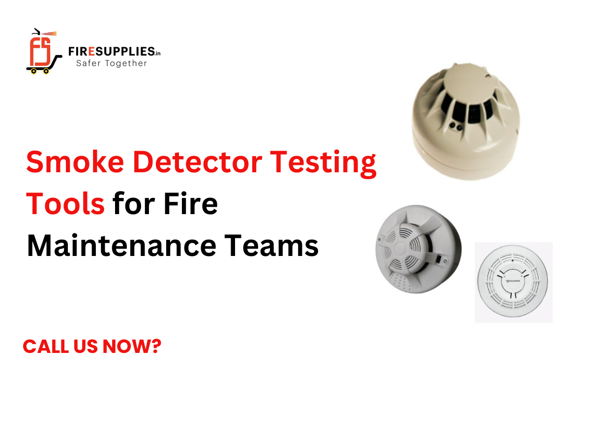 Fire maintenance technician using smoke detector testing tools to inspect and test smoke detectors during routine fire alarm system maintenance.