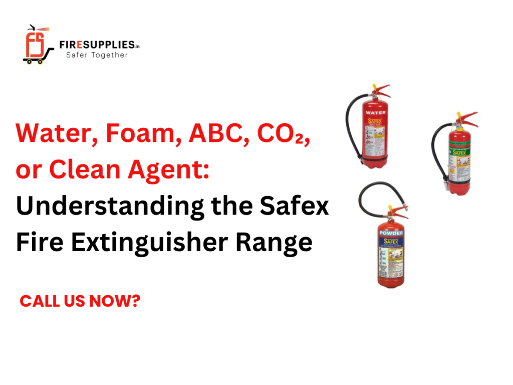 Safex fire extinguisher range including ABC powder, CO2, foam, water mist, and clean agent fire extinguishers from Fire Supplies