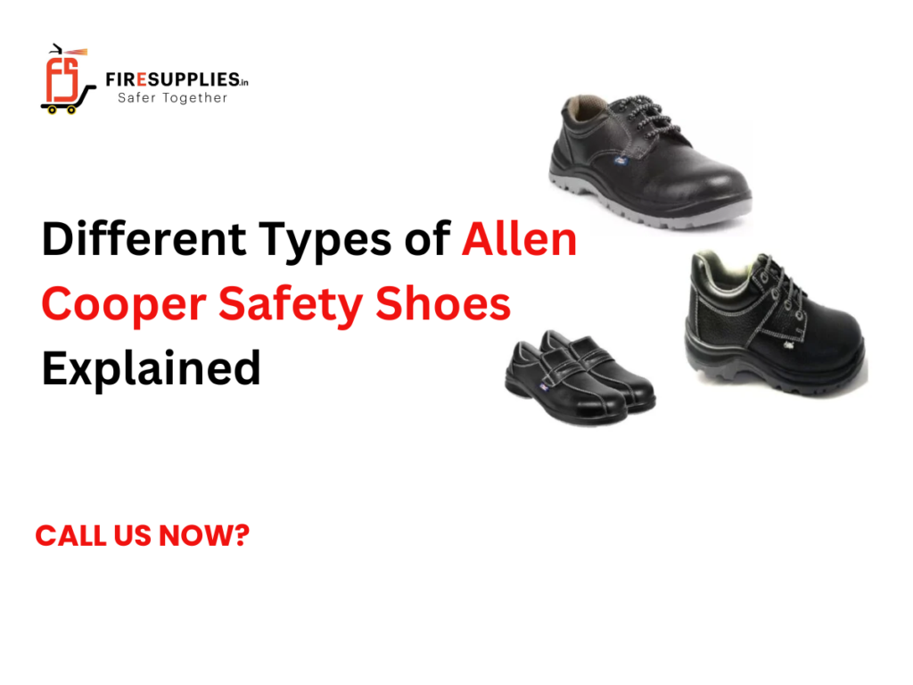 Different types of Allen Cooper safety shoes including steel toe, antistatic, heat resistant, and industrial safety footwear for workplace protection.