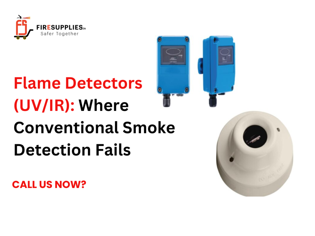 Flame detector (UV/IR) installed in an industrial facility for fast fire detection where conventional smoke detectors may not respond effectively.