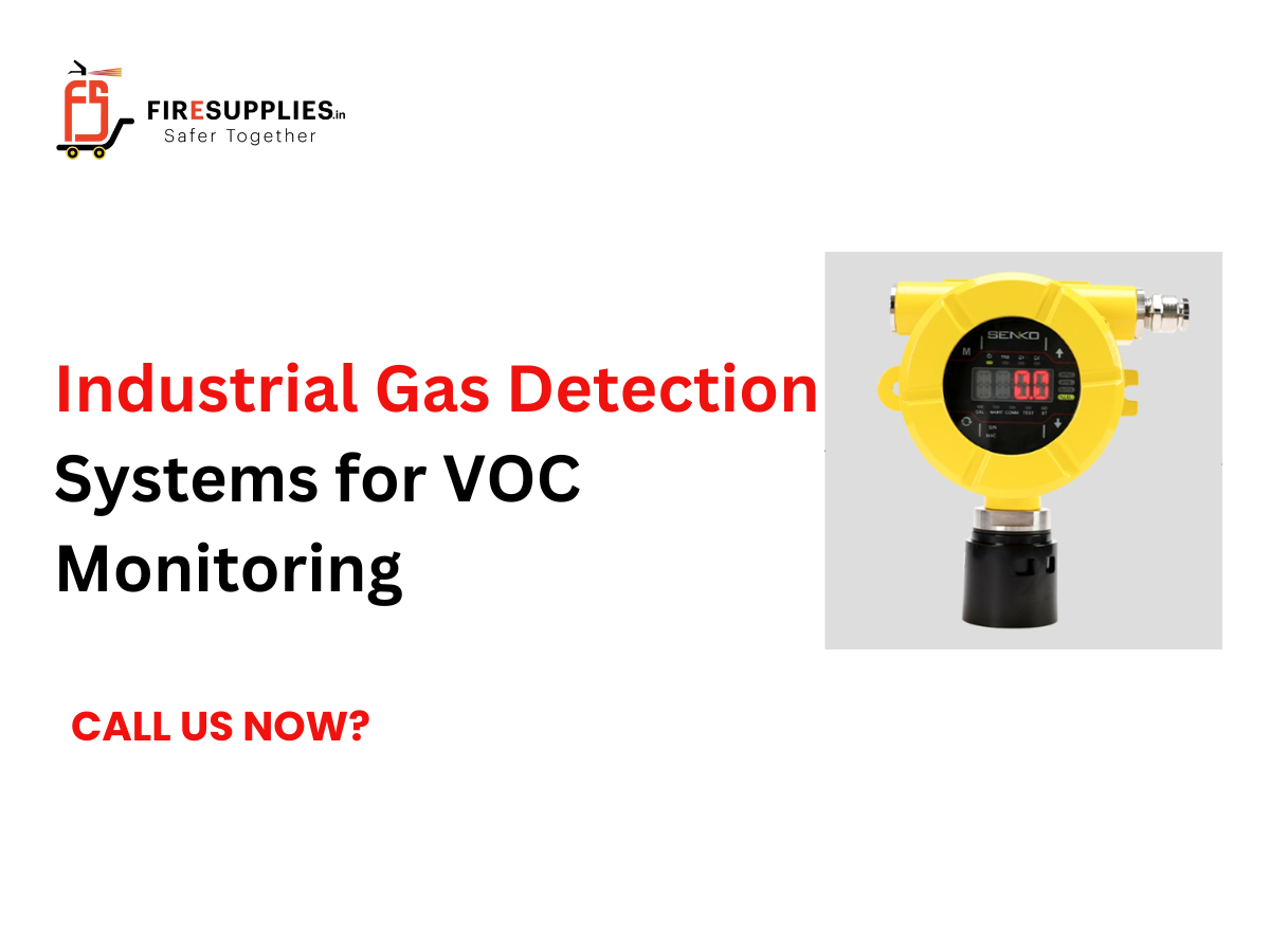Industrial gas detection system monitoring VOC levels in an industrial facility with sensors, control panel, and real-time safety alerts.