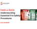 PASS vs RACE fire safety infographic showing PASS (Pull, Aim, Squeeze, Sweep) and RACE (Rescue, Alert, Contain, Evacuate) procedures with fire extinguisher and emergency exit background.