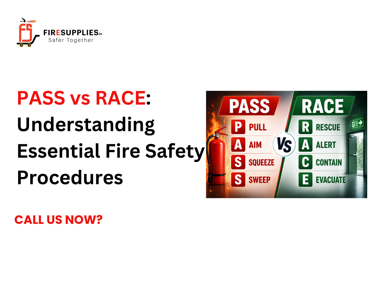 PASS vs RACE fire safety infographic showing PASS (Pull, Aim, Squeeze, Sweep) and RACE (Rescue, Alert, Contain, Evacuate) procedures with fire extinguisher and emergency exit background.