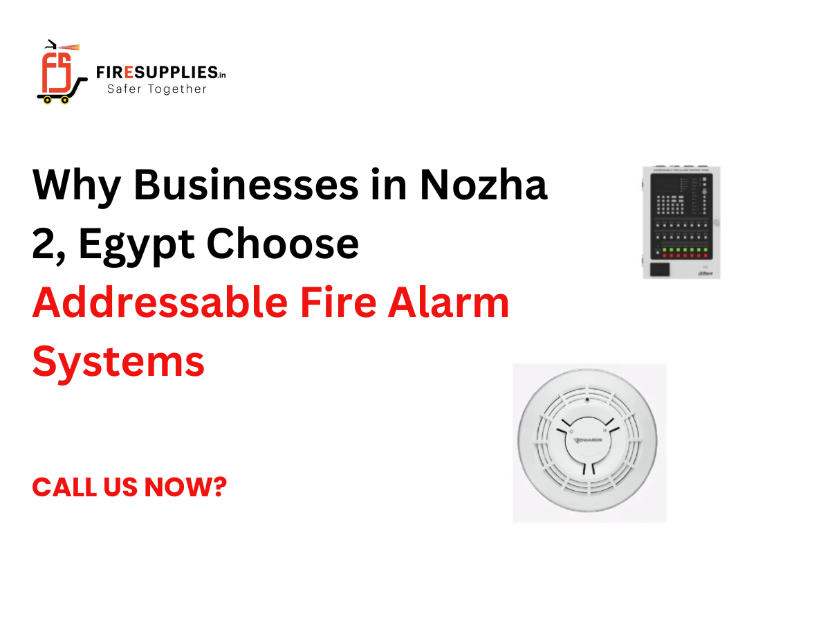Addressable fire alarm system installed in a commercial building in Nozha 2, Egypt featuring fire alarm control panel, smoke detectors, heat detectors, manual call points and emergency notification devices.
